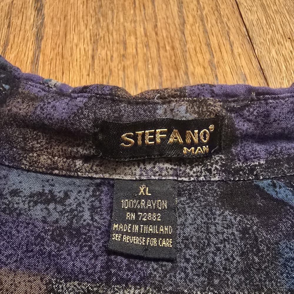 Vintage 1980s Stefano Man Abstract Rayon Shirt XL Geometric Purple Teal Button - Picture 2 of 5